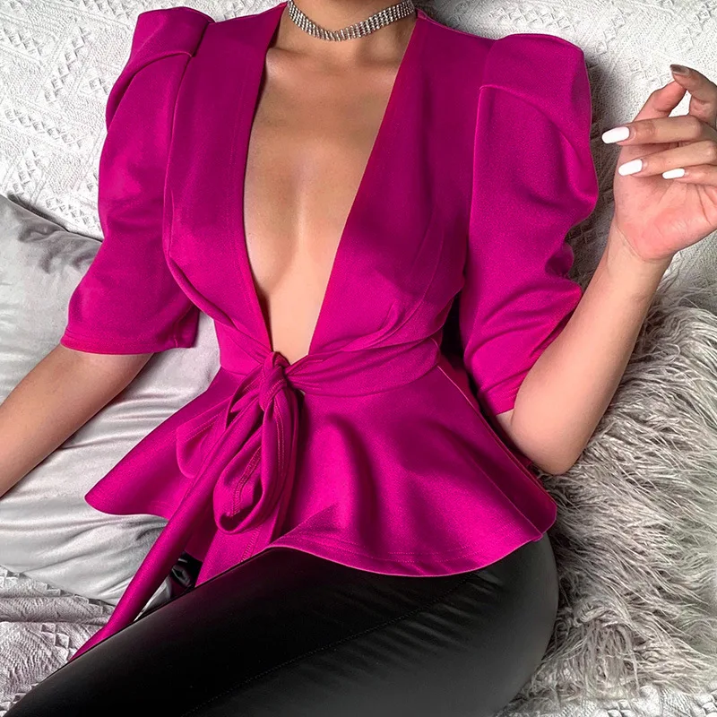 Half Ruched Sleeve Knot Shirt Women Summer Self Tie Belt Tops Tied Waist Pleated Lady Blouse Club Party Tunic Low Cut V Neck Top 2023 new in elegant jumpsuits women black sexy slit ruched one shoulder wide leg jumpsuit office lady party jumpsuit