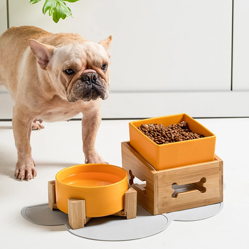 

Pet Dog Accessories Ceramic Cat Supplies Bowl Wood Stand No Spill Food Water Bottle Feeder Elevated Raised Puppy Feeding Adjust