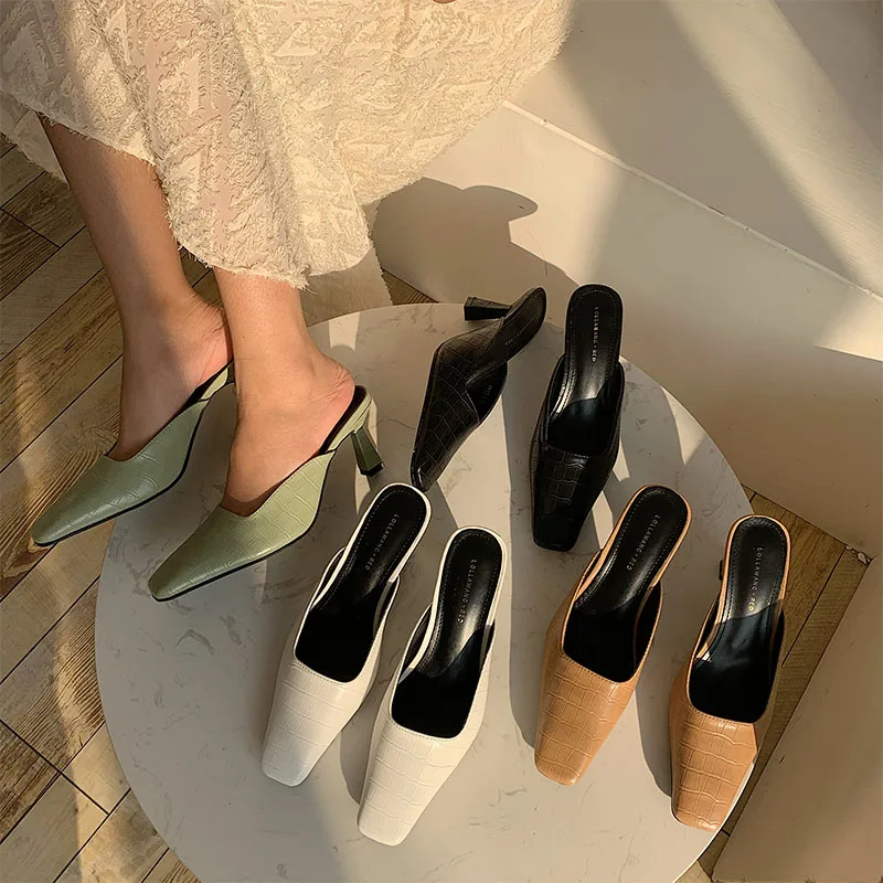

2020 New Design Square Toe Block High Heels Slippers Women Sandals Slides Mules Shoes Fashion Slip On Summer Beach Flip Flops