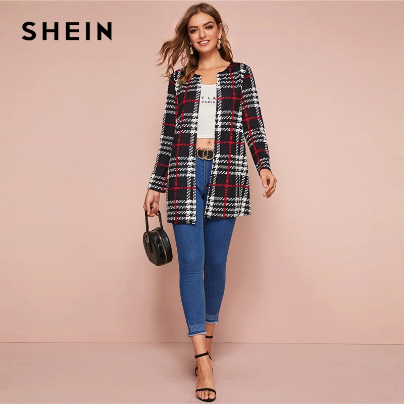 Promo  SHEIN Black and White Plaid Print Open Front Coat Women Spring Autumn Long Sleeve O-neck Outwear Ca