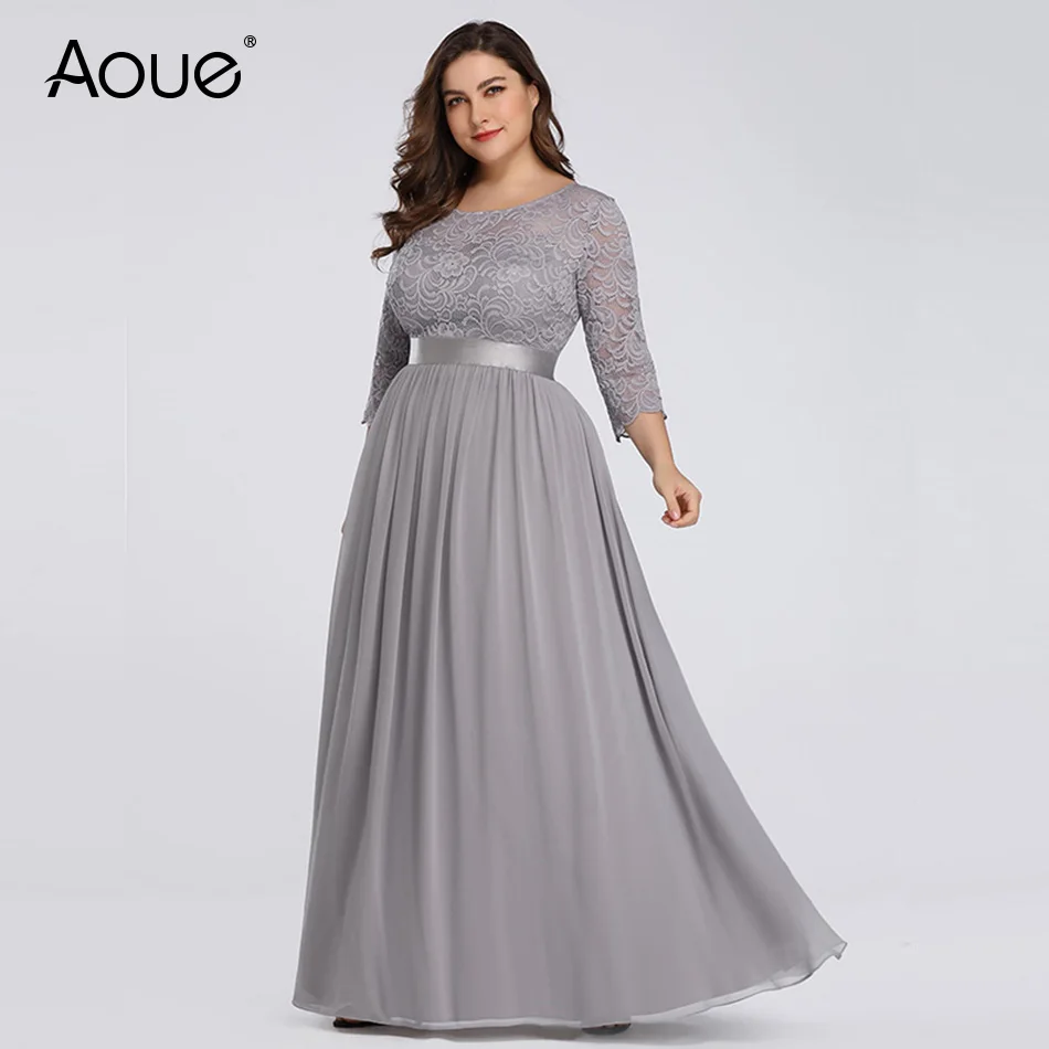 

Plus Size Evening Dresses Long Elegant Long lace Sleeve wave Edge A-line Lace Chiffon more color