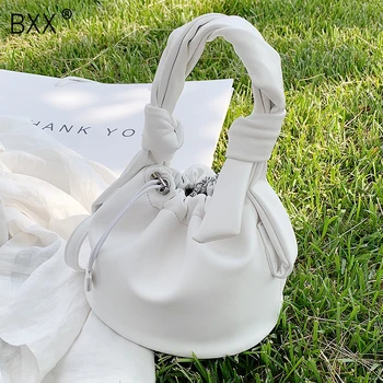 

[BXX] PU Leather Drawstring Bucket Bag Lady Crossbody Bags Women 2020 Solid Color Shoulder Handbags Female Cross Body Bag HM846