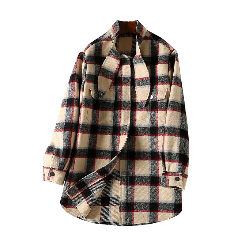 

A Generation of 2019 Autumn And Winter New Style Woolen Coat Korean-style Plaid Knot of LED Shirt Coat Entity