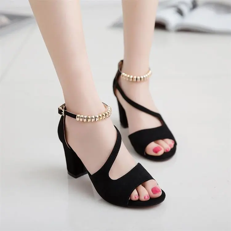 

2019 Spring And Summer New Style Peep-toe Sandals Women's Chunky-Heel Beaded Bracelet Straight Line Buckle Large Size WOMEN'S Sh
