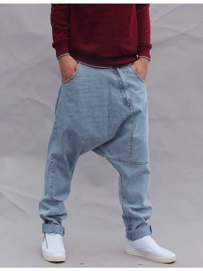 Модные свободные шаровары джинсы мужские повседневные джинсовые штаны уличная одежда в стиле «хип-хоп», джинсы штаны с заниженным шаговым швом синие брюки человек Костюмы