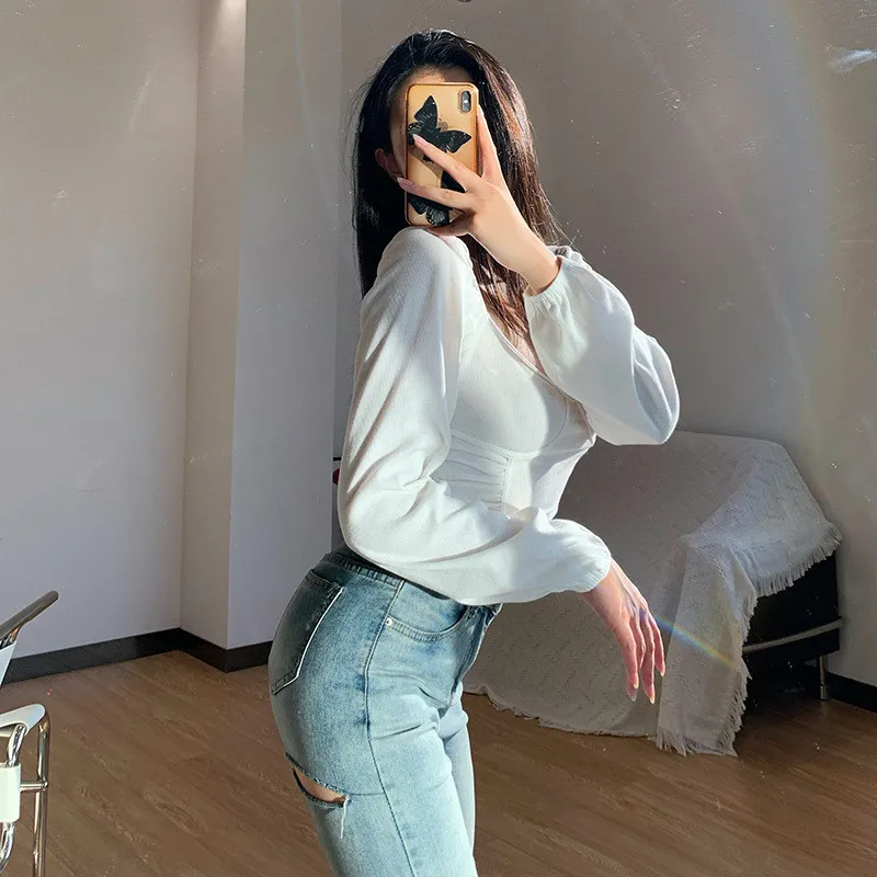 Autumn Women's White Top, Solid Color Round Neck Low-cut Slim T-shirt, Sexy Cropped Short Bottoming Shirt Female Street Wear