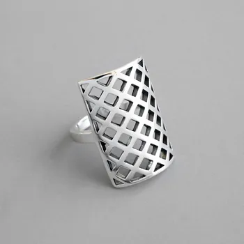 

DAIWUJAN 100% 925 Sterling Silver Exaggerated Retro Hollow Rhombic Lattice Open Rings for Women Square Vintage Jewelry