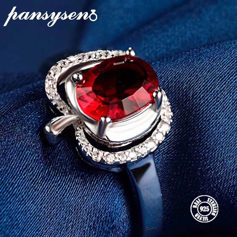 

PANSYSEN Apple Shape Finger Rings For Women Red Ruby Gemstone 100% Real 925 Sterling Silver Ring Engagement Wedding Party Gift