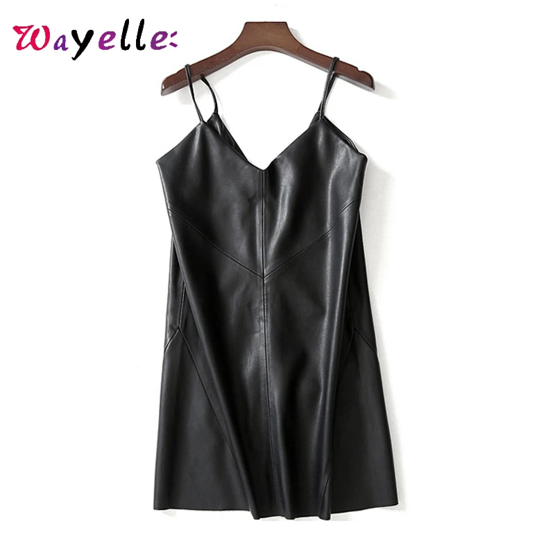 

PU Leather Women Mini Dress 2019 Fall Elegant V-Neck Korean Lady Dress Spaghetti Strap Black Bodycon Dress Sexy Chic Dresses