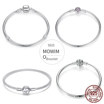 

MOWIMO Luxury Silver Bracelets 100% 925 Sterling Silver Snake Chain Bangle Fit Original Charm Beads For Women Fashion Jewelry