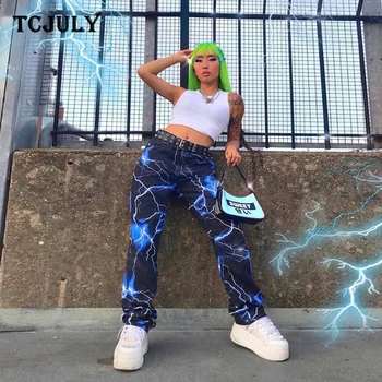

TCJULY Fashionable Lightning Patterns Printed Straight Harem Pants With Pockets Streetwear Slim High Waist Casual Trousers Women