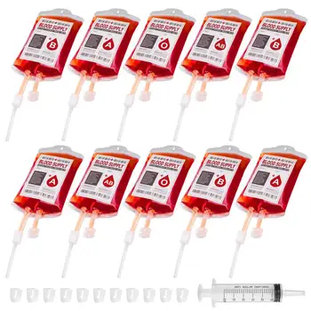 

10PCS Halloween Reusable Blood Bags Set Halloween Liquid Bag Zombie Party Favors and Decoration with Clips Syringe and Stickers