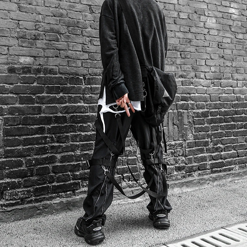 Back Zipper Loose Elastic Waist Cargo Pants Autumn New Streetwear Drawstring Pants Trousers Men Harajuku Twine Belts Casual Pant
