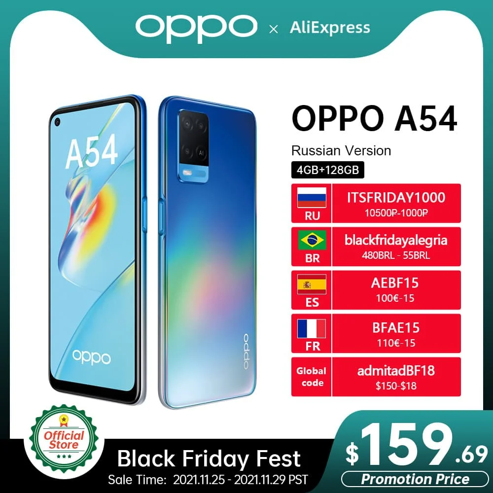 OPPO A54 MTK P35 Octa Core Smartphone 4GB/128GB 6.51&quot Punch-Hole Screen IPX4 16MP Front Cam 5000mAh 18W Fast Charge Cell phones |