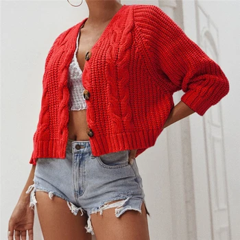 

Cardigan Women Fall 2019 Cropped Cardigan Red Knitted Sweater Streetwear Korean Loose Button Up Sweater Crop Top Sweater