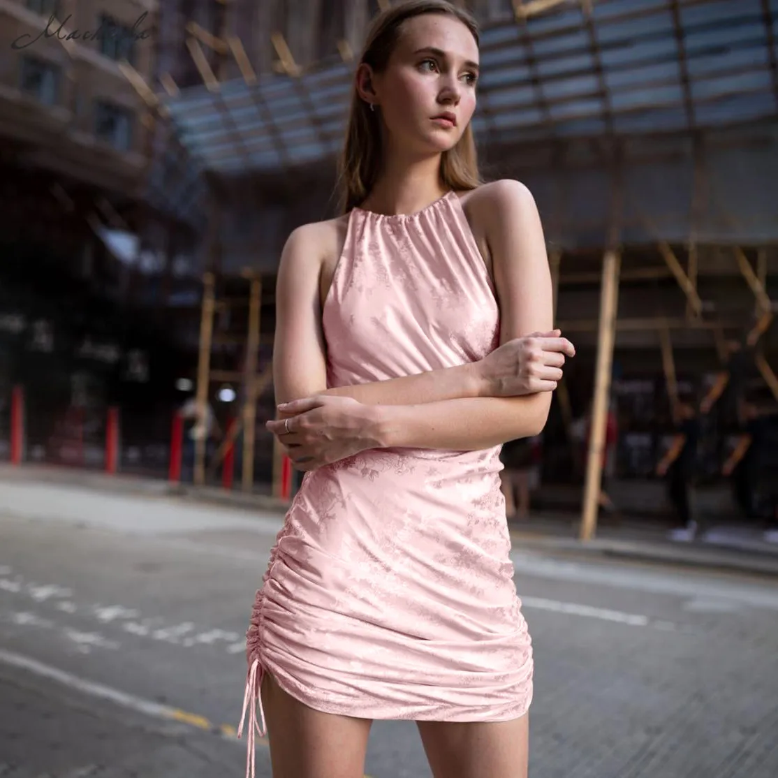 

Macheda Fashion Women Solid Sleeveless Sexy Dresses Bottom Length Adjustable Evening Party Dress Femme Short Mini Sundress