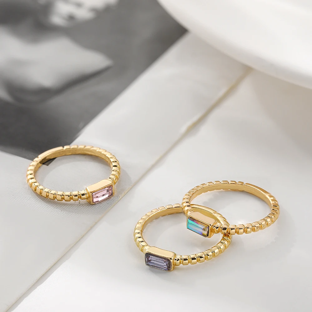 Geometric Square Multicolor Crystal Rings for Women Girls Korean Couple Gold Color Metal Thin Finger Rings Wedding Jewelry Gifts