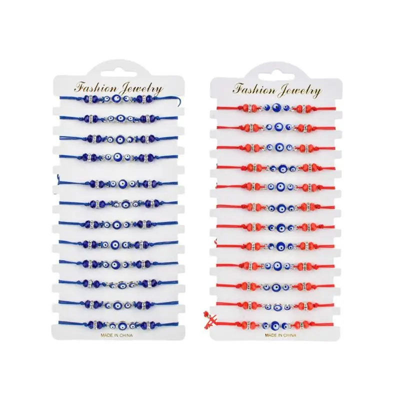 

12Pcs Blue Turkish Eye Charms Bracelets Eye Bead Adjustable Rope Chain Anklets Blue & Red