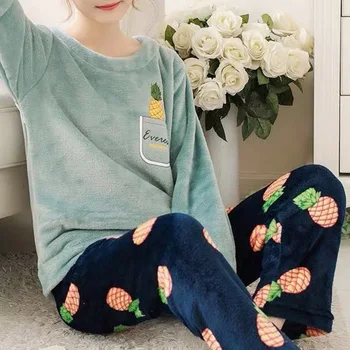 

2020 Warm Women Pajama Set Flannel Home Suit Printed Pyjamas Women Long Sleeve Pullover Mujer Home Clothing