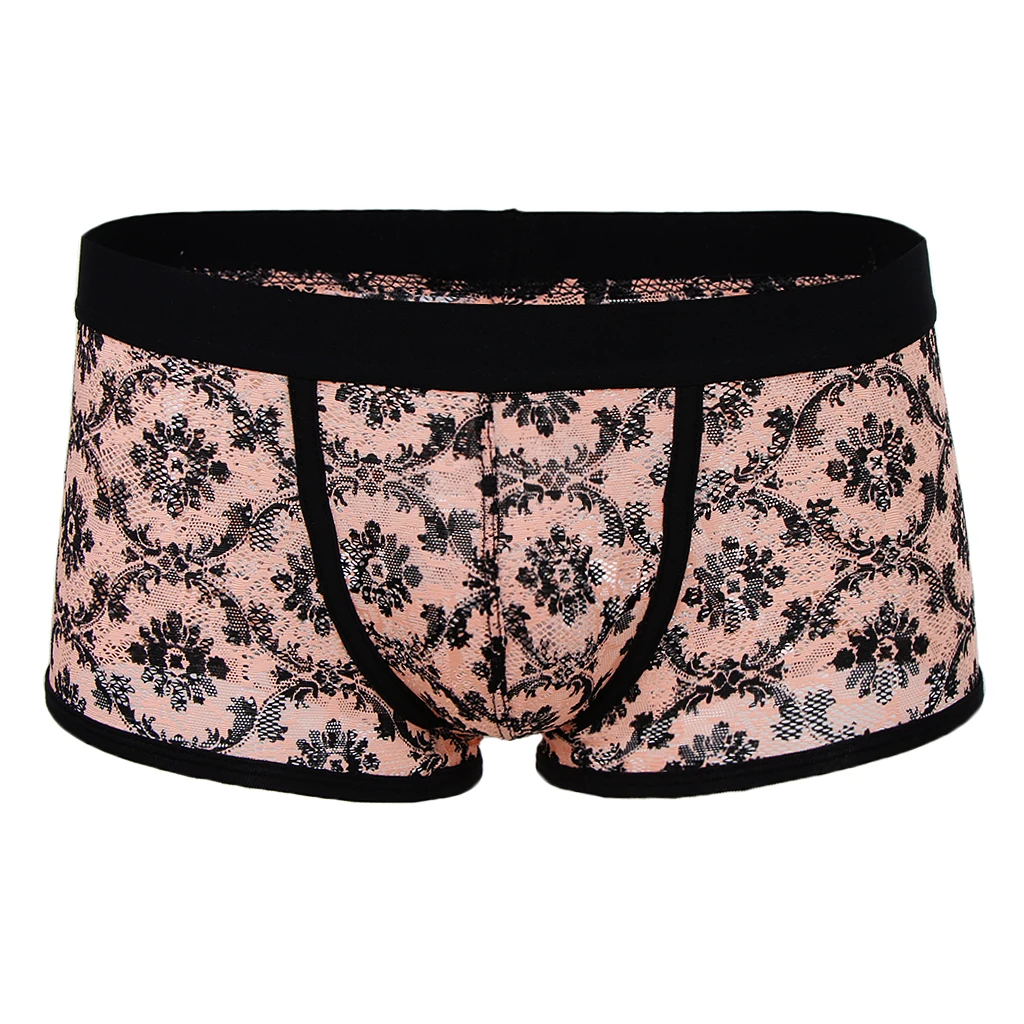 Vintage Soft Men Floral Print Sheer Lace Boxers Underwear Bulge Pouch Underpants Trunks Lingeries