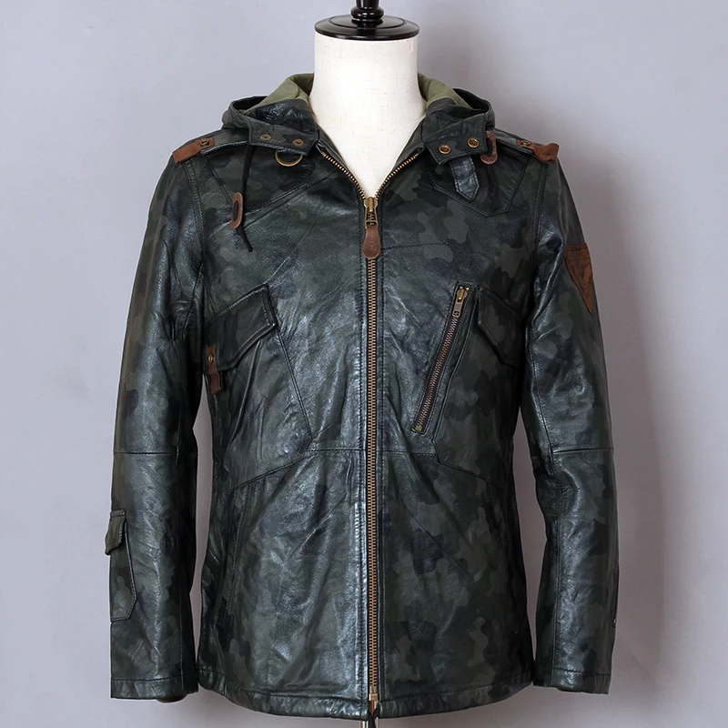AVIREX FLY/модная куртка из натуральной кожи с капюшоном для мужчин, куртка из овечьей кожи с воздушной силой, облегающая камуфляжная мотоциклетная байкерская куртка