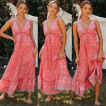 

Free Shipping Women's Sling Floral Long Dresses Arrival Summer Boho V-neck Sleeveless Evening Party Beach Maxi Dress Casual