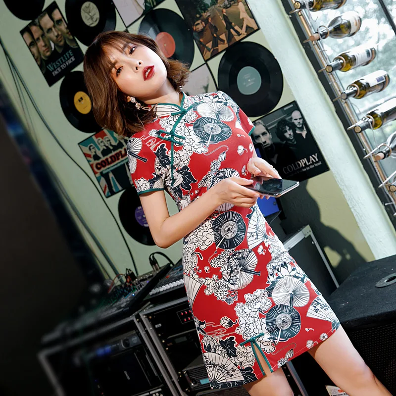 

2019 Summer Elegent Female Stand Collar Dress Cotton And Linen Small A Printing Open Color Spitching Retro Women Cheongsam