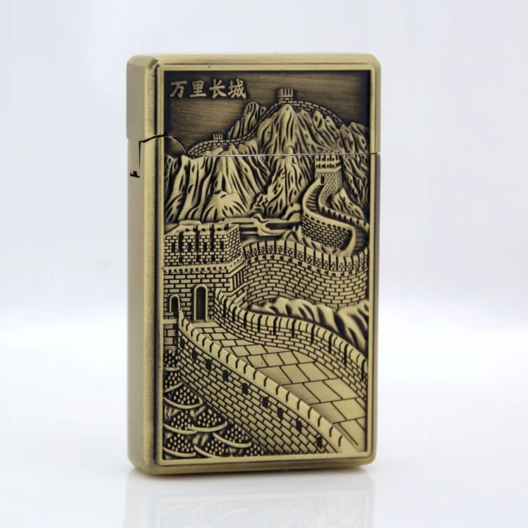 

Great Wall of China Relief gas lighter Inflatable Fashion cigarette Metal lighters Windproof smoking Grinding Wheel Lighter