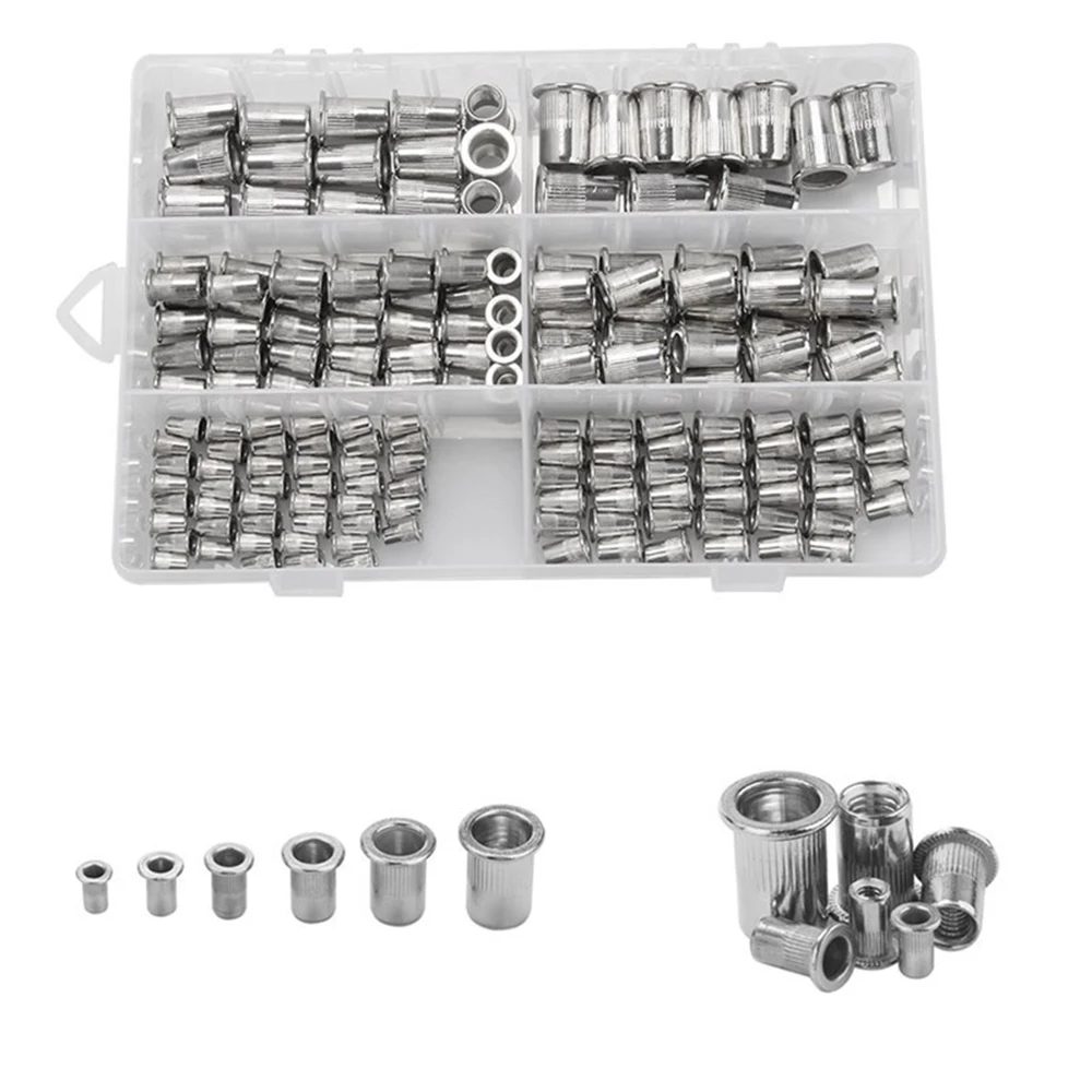 

180Pcs/Box Flat Head Vertical Grain Steel Rivet Nut M3 M4 M5 M6 M8 M10 Stainless Steel Threaded Insert Nut Assortment Kit