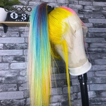 Colored Human Hair Lace Frontal Wigs Yellow Rainbow Ombre Wig Human Hair Transparent Lace Wigs For