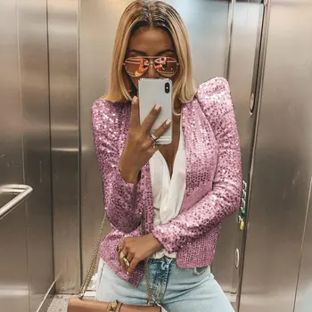 

Lady Chic Glitter Sequined Jacket Coat Women Shiny Autumn Puff Long Sleeve Cardigan Coat Elegant Female Clubwear Jackets Female