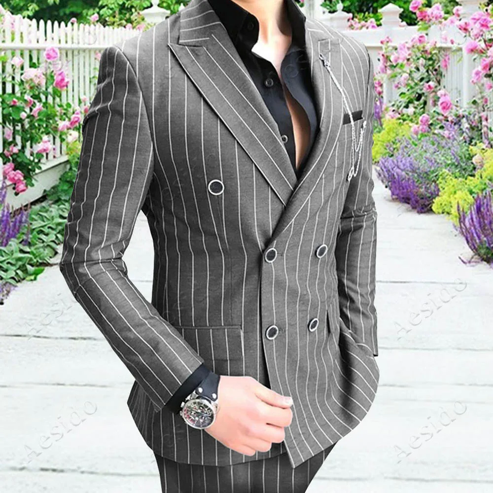 Aesido повседневные мужские костюмы Slim Fit 2 штуки полосатые двубортные смокинги для