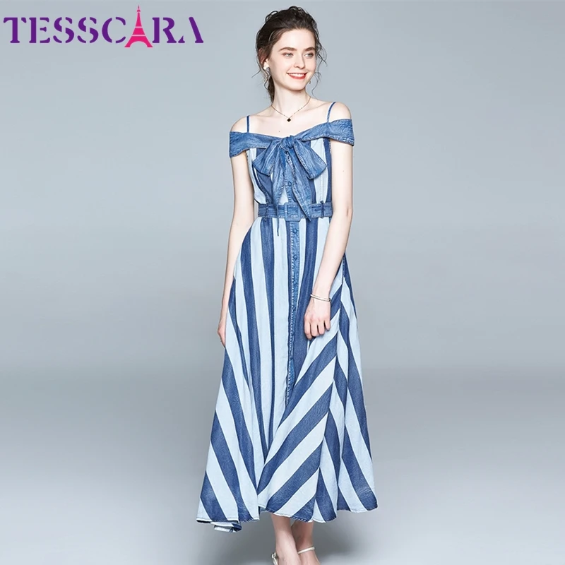 Женское летнее элегантное джинсовое платье TESSCARA в полоску высококачественное