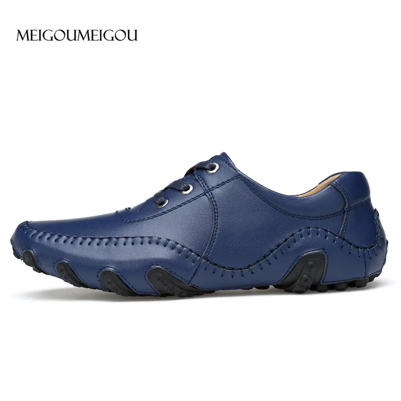 Обувь из натуральной кожи; Мужская дышащая кожаная обувь; мокасины «Осьминог»; повседневные мужские лоферы; нескользящие осенние модные кроссовки - Цвет: Синий