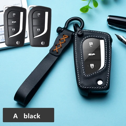 For A key black Автомобильные аксессуары натуральный кожаный брелок держатель кошелек для Toyota Avalon Camry Land Cruiser Prado Corolla CHR CH-R Prius RAV4 - Название цвета: For A key black