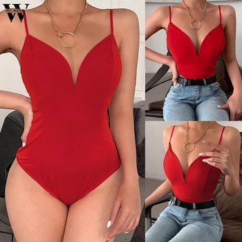 

Womail bodysuit Women VNeck Strap Romper Summer Sleeveless Bodycon Bodysuit Stretchy Minimalist short Jumpsuit red Club Playsuit