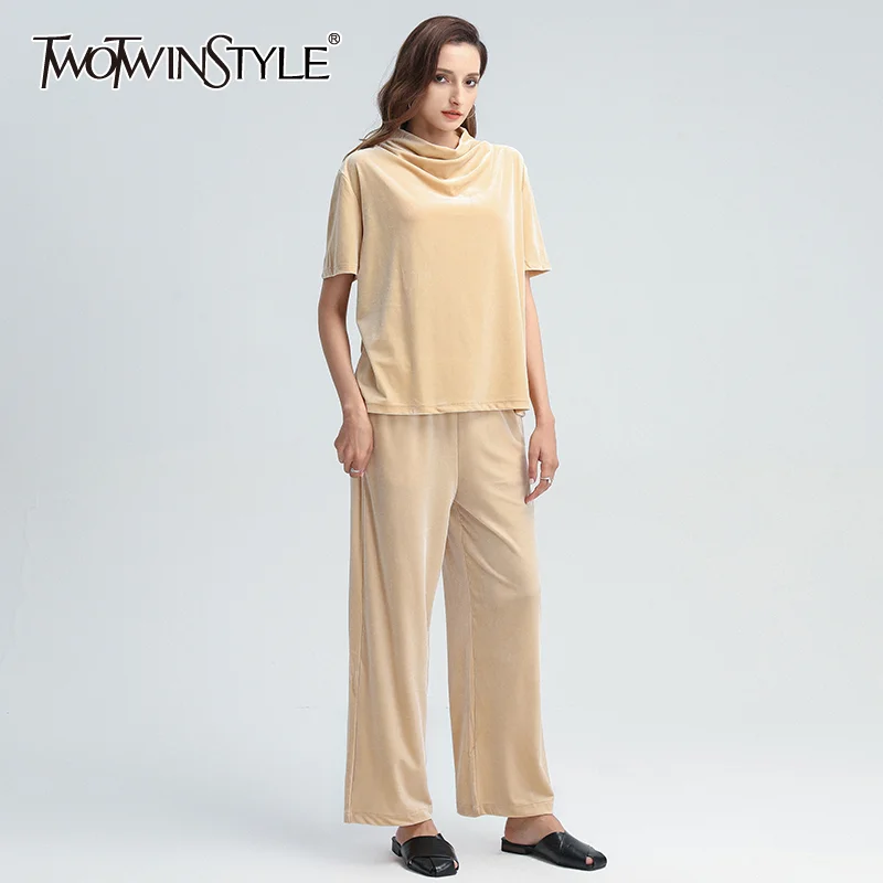 

TWOTWINSTYLE Velour Two Piece Set For Women O Neck Short Sleeve T Shirt High Waist Straight Wide Leg Pants Casual Suit Female