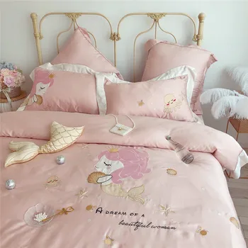 

Princess Style 60 Tencel Four-piece Set Summer Viscose Mermaid Large Version of Applique Embroidered Bare Sleeping Quilt Cover B