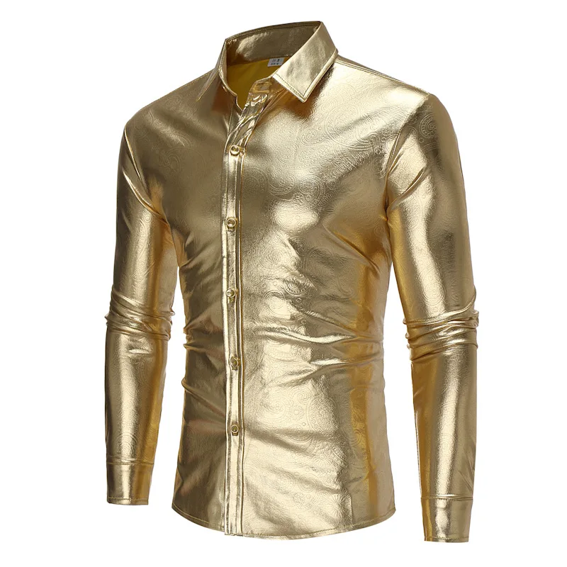 Shiny Metallic Gold Paisley Shirt Men Chemise Homme 2022 Fashion Dance