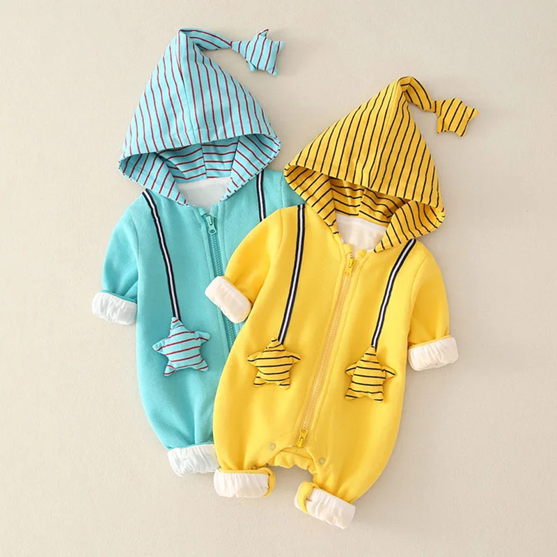 

1New Autumn Baby Boy Girl Jumpsuits 0-12M Cute Baby Striped Printing Long Sleeve Hooded Rompers Kids Casual Rompers