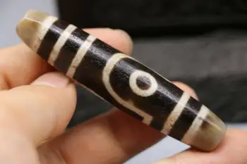 

Collectible Treasure Talisman LKbrother Sauces Magic Power Tibetan Old Agate 2 Eye 4 Line Long dZi Bead Pendant Amulet 76MM $$$