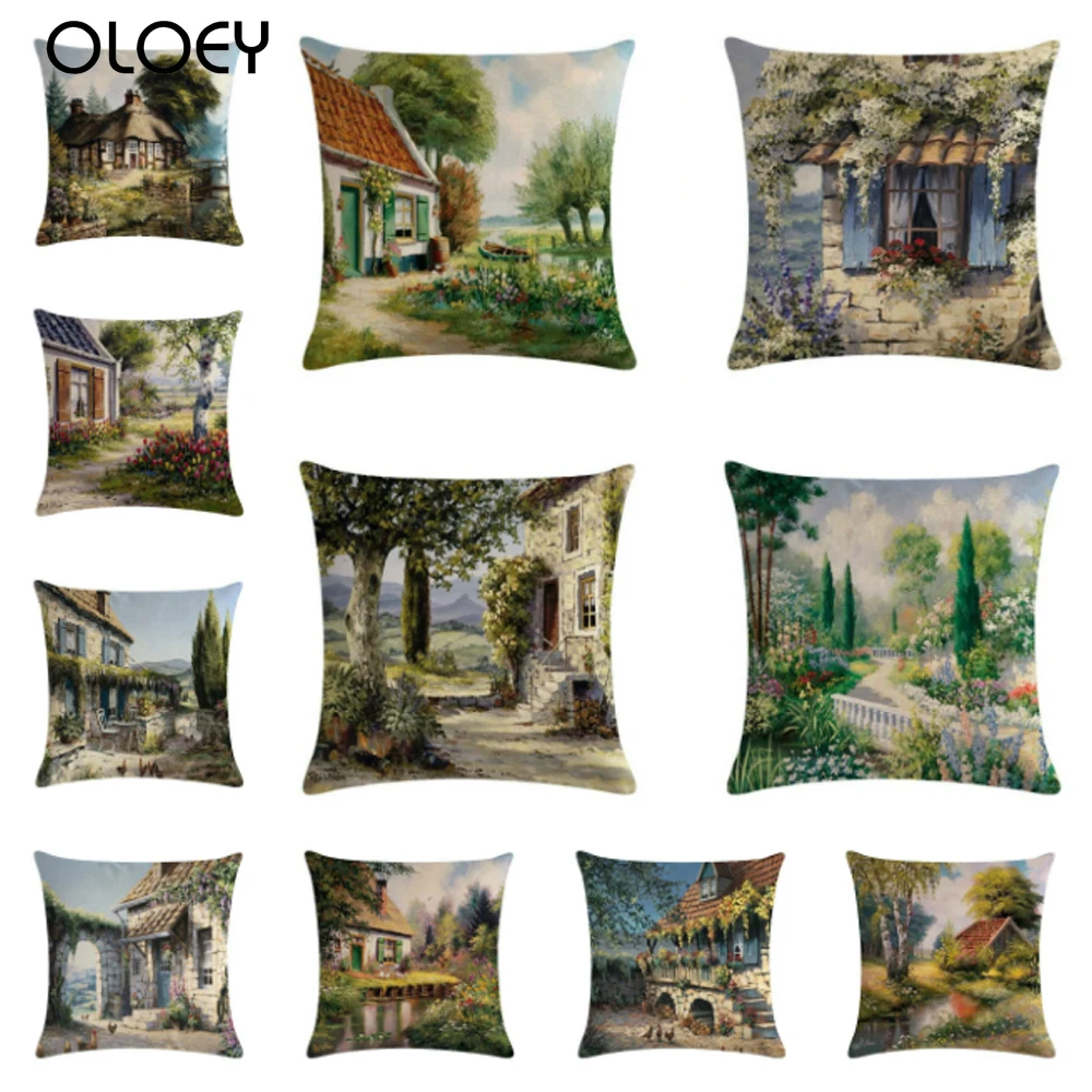 

Country Scenery Oil Painting Printed Cotton Linen Cushion Cover Decorative Throw Pillow Case Living Room Garden Home Decoration