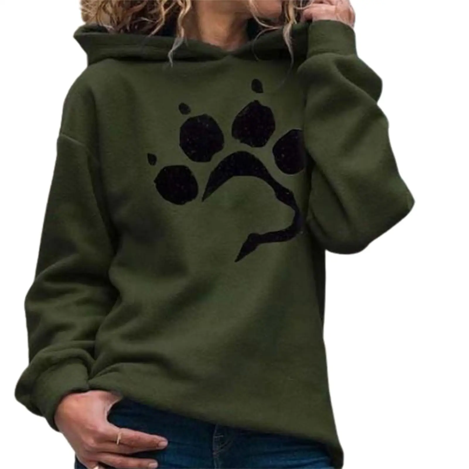 2022 Hoodie Casual Sweatshirts Women Autumn Winter Dog Paw Print Long Sleeve Pullover Hooded Sweatshirt Green xxxl ropa de mujer sweatshirts flannels pumpkins bonfires pullover sweatshirt in green size s