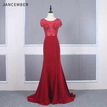

YY187 JANCEMBER mermaid evening dress o-neck short sleeves illusion back crystal sexy mermaid prom dress vestidos noche mujer