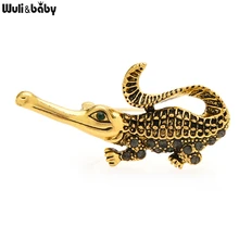  Wuli&baby Cute Rhinestone Crocodile Brooches For Men Women Brown Black Rhinestone Alligator Animal Party Casual Brooch Pin Gifts 