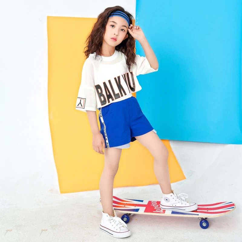 Children White Jazz Dance Costumes Girls Letter Crop Top Blue Shorts Dance Sets Hip Hop Modern Party Stage Outfits (14)