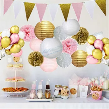 

1 Set Hanging Decoration Gold Pink White Party Tissue Pom Poms Paper Lantern Glitter Banner Baby Shower Birthday Wedding Favor