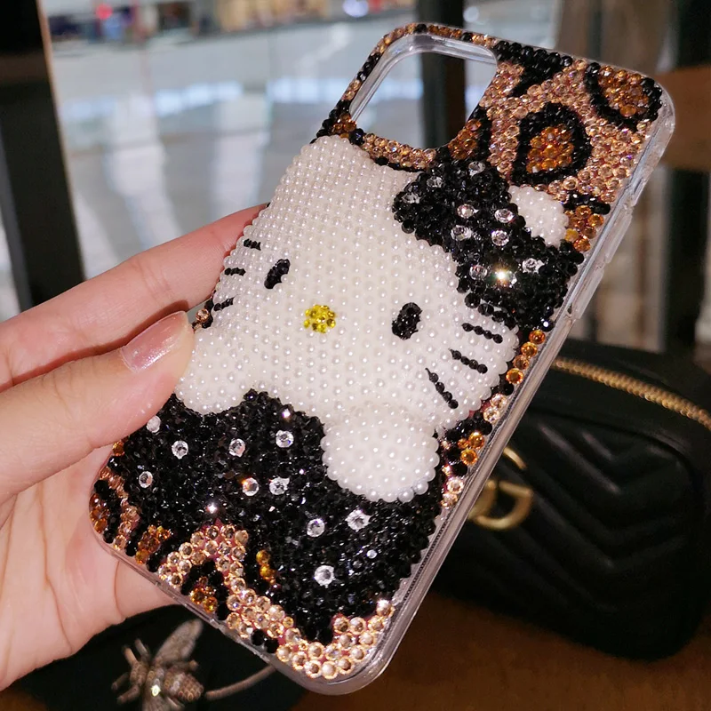 Слоновая кость Для iphone 11 pro 3D Bling Crystal Pearl розовый Кот KT кабошон чехол для телефона для iphone XS max XR X 6 6s 7 8 plus Роскошный чехол - Цвет: Слоновая кость
