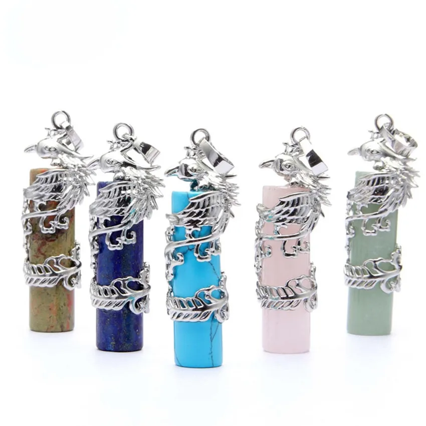 

FYJS Unique 10 Pcs Silver Plated Chinese Phoenix Wrap Many Colors Quartz Stone Cylinder Pendant Classic Style Jewelry
