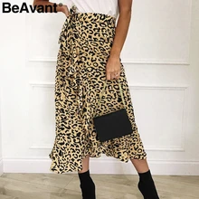 BeAvant Elegant leopard print women maxi skirt High waist ruffled asymmetrical female long skirt Side bow tie autumn lady skirts